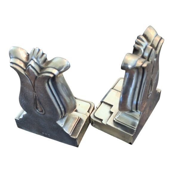 Harp Lyre Heavy Metal Art Deco Bookends Silver Toned Vintage PMC Made in USA - Picture 10 of 16